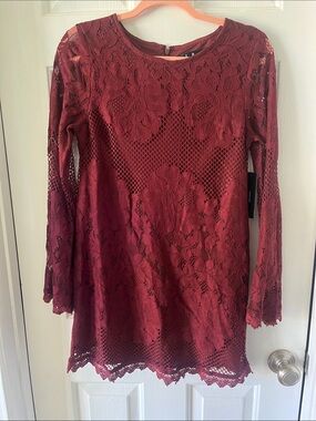 Lulu's Burgundy Lace Long-Sleeve Mini Dress
